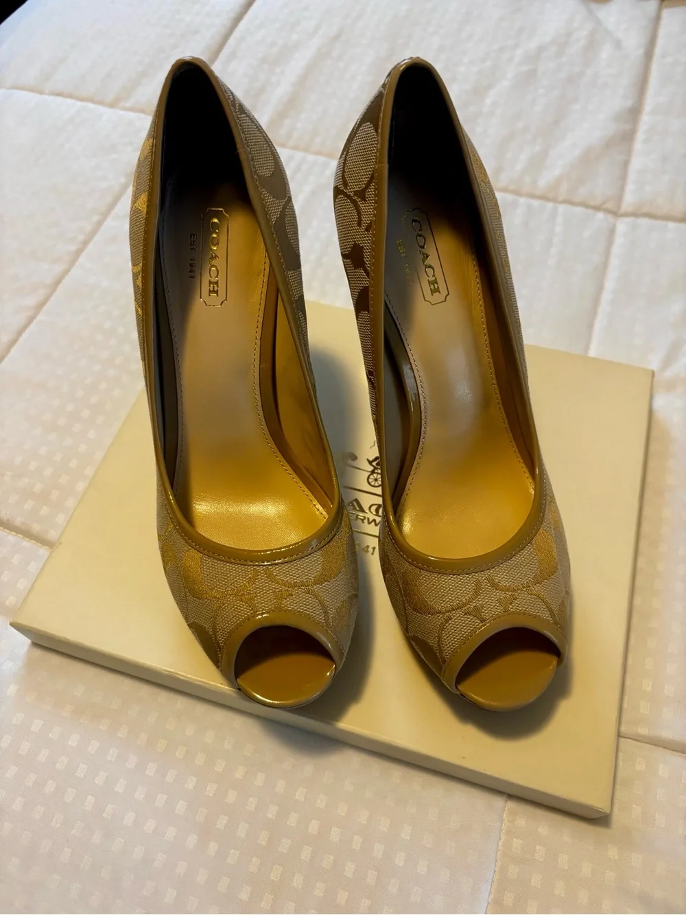 Coach Breana Signature Canvas Peep-Toe Platform Pumps in Light Khaki Sand 7.5